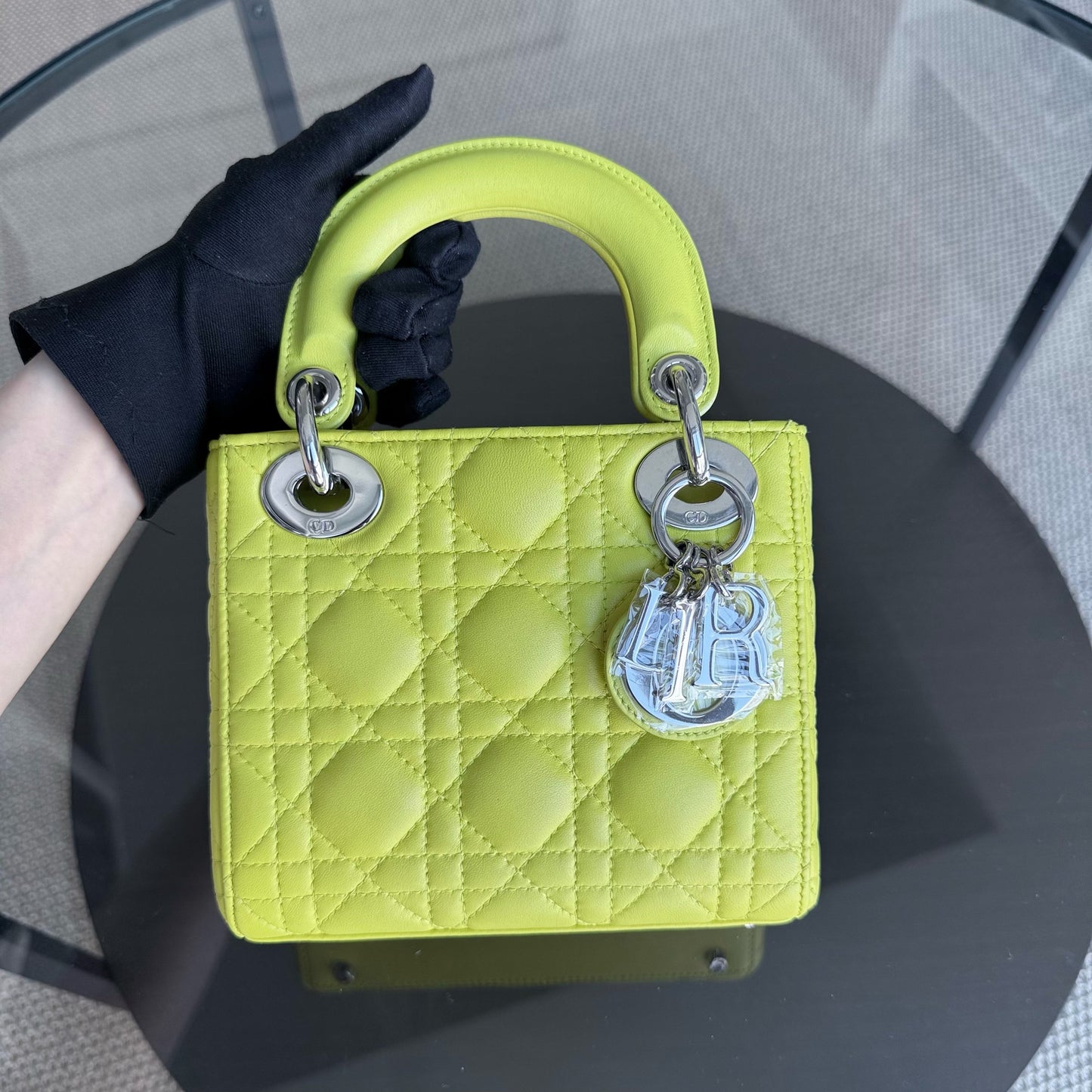 Kovancy Lady Mini - Sangle réglable en cuir d'agneau Cannage jaune et métal argenté