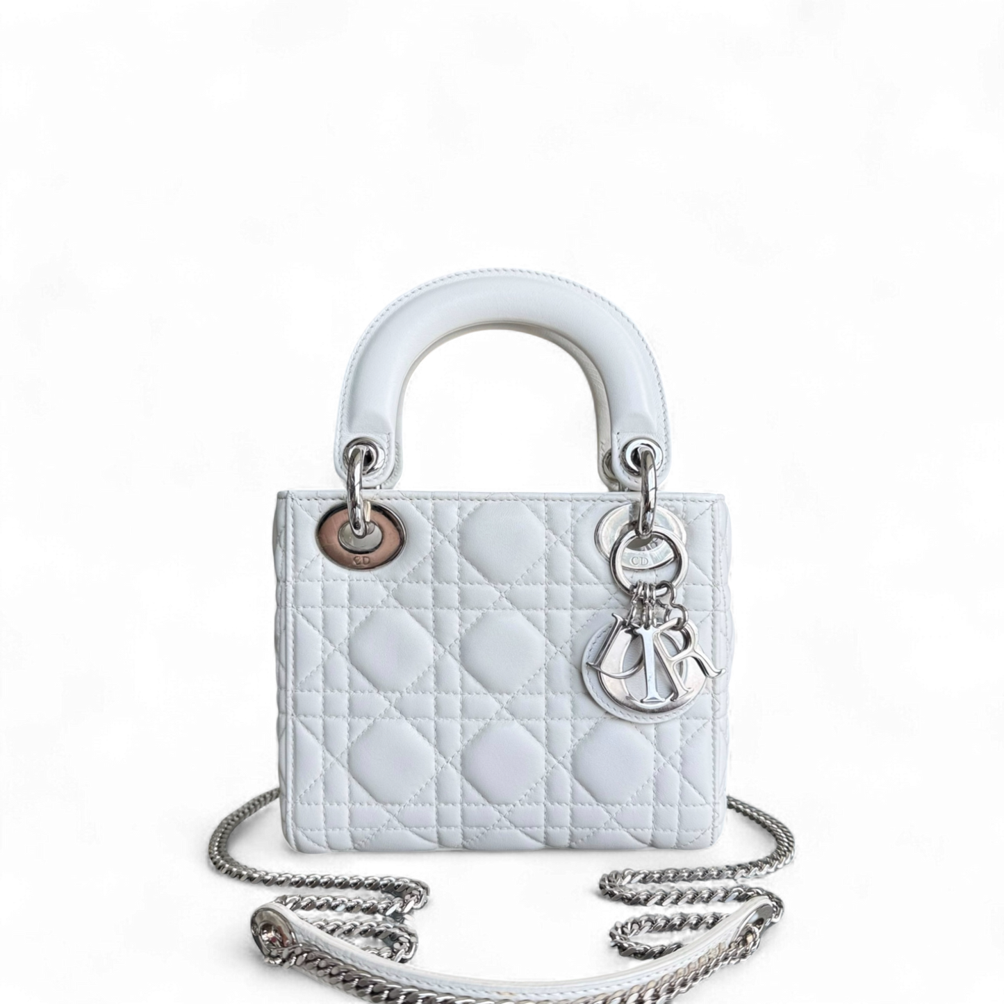 Kovancy Lady Mini - Sangle chaîne en cuir d'agneau Cannage blanc et métal argenté