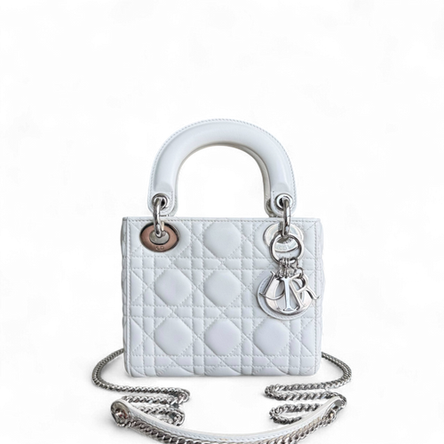 Kovancy Lady Mini - Sangle chaîne en cuir d'agneau Cannage blanc et métal argenté