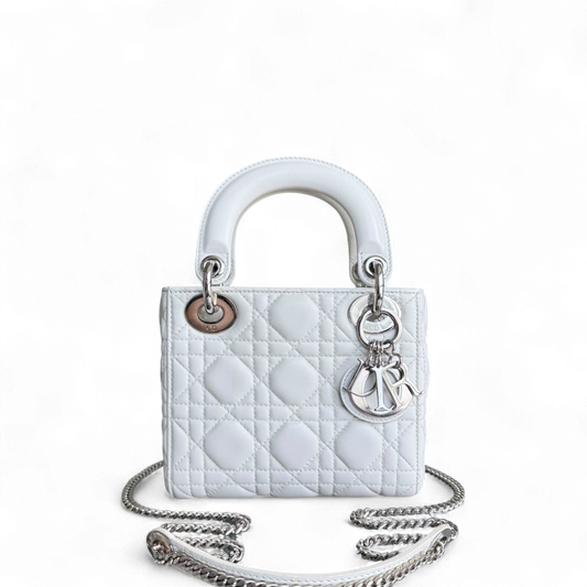 Kovancy Lady Mini - Sangle chaîne en cuir d'agneau Cannage blanc et métal argenté