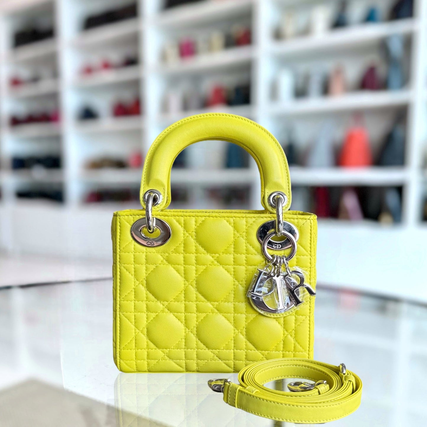 Kovancy Lady Mini - Sangle réglable en cuir d'agneau Cannage jaune et métal argenté