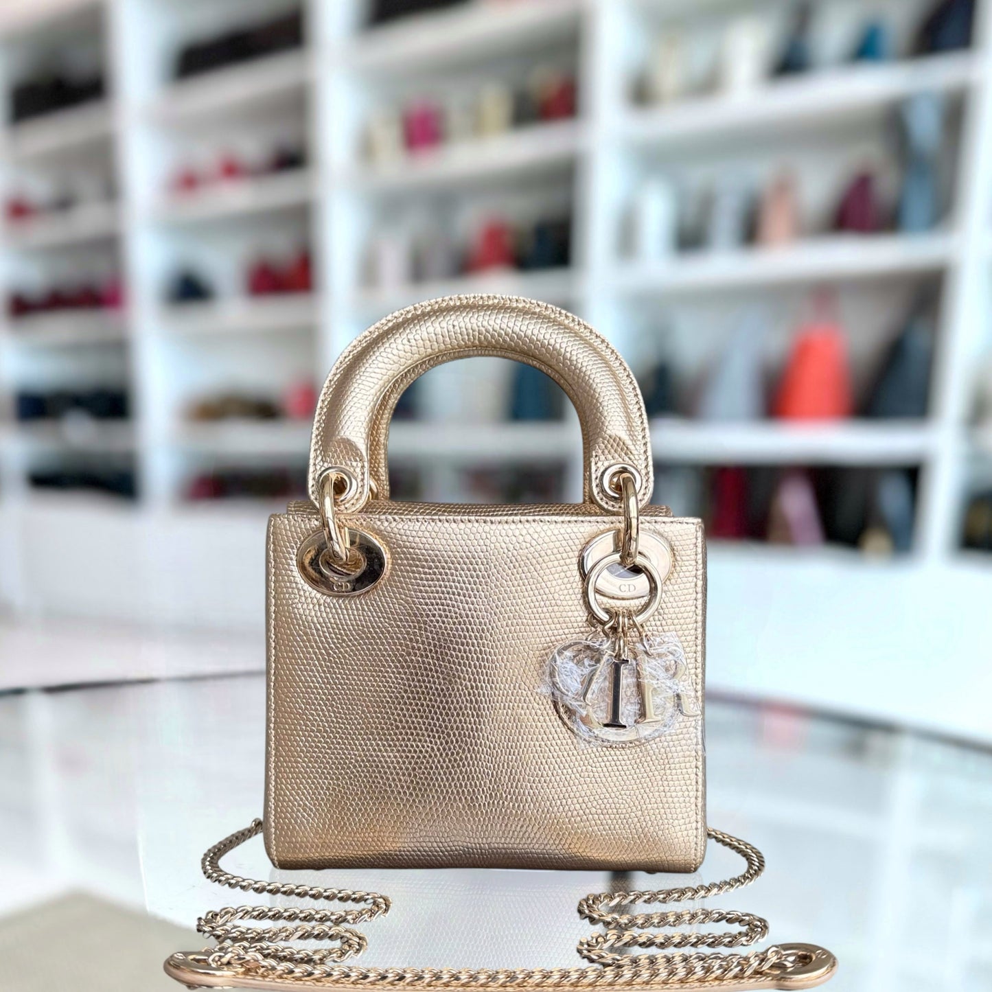 DIO Lady Mini - Metallic Gold Exotic Lizard Leather Chain Strap