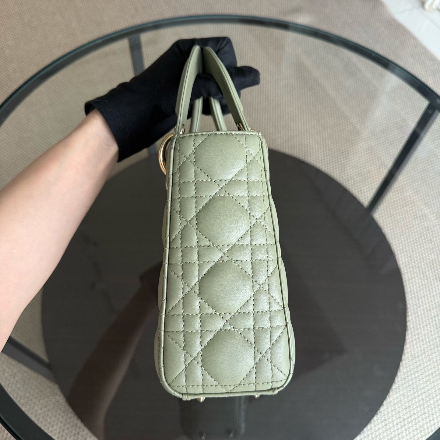 Kovancy Lady Petit - Cuir d'agneau Cannage vert menthe, quincaillerie dorée