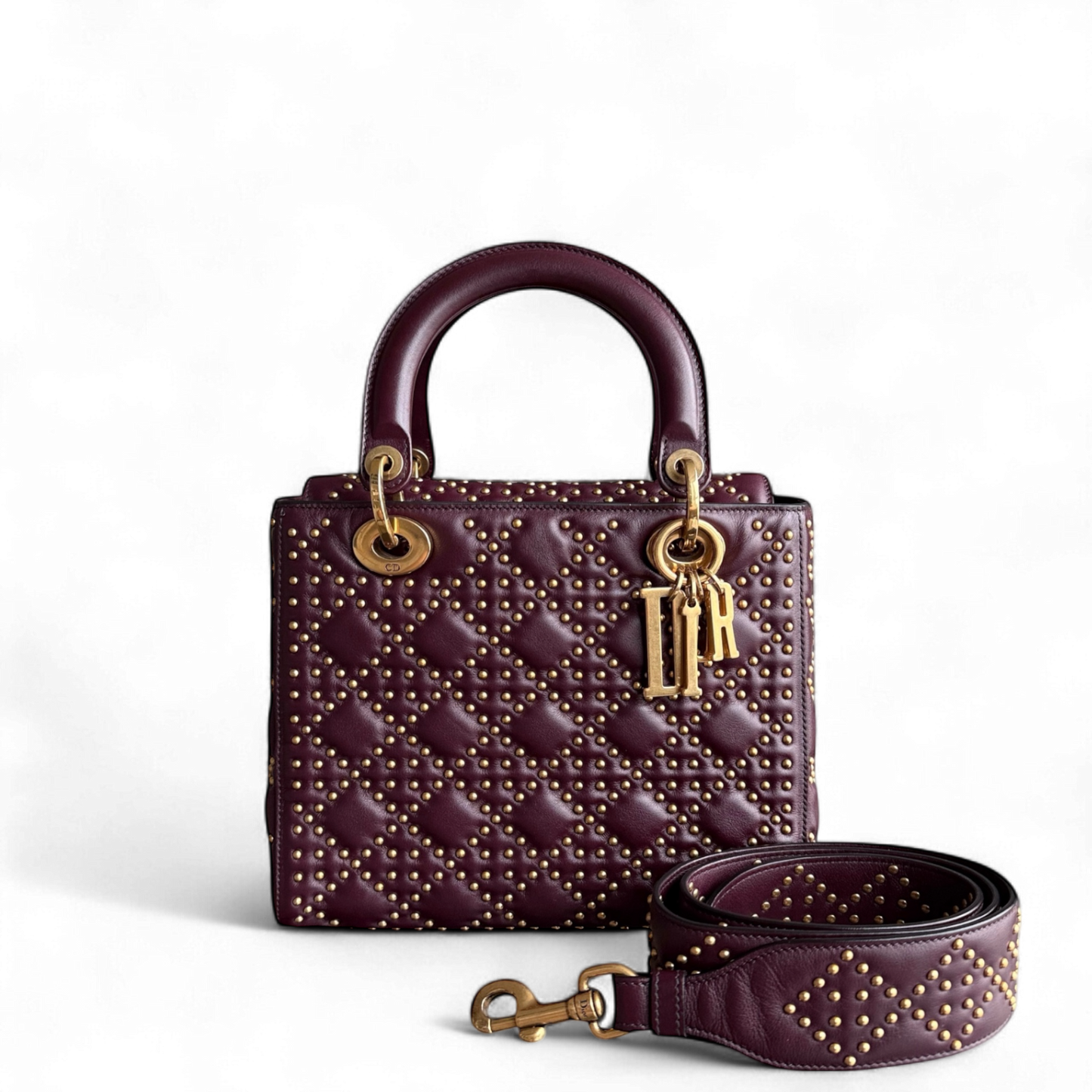 Kovancy Lady Rabat moyen - Cuir de veau Cannage clouté, rouge bordeaux, accessoires dorés