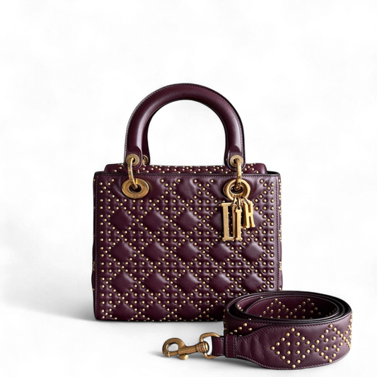Kovancy Lady Rabat moyen - Cuir de veau Cannage clouté, rouge bordeaux, accessoires dorés