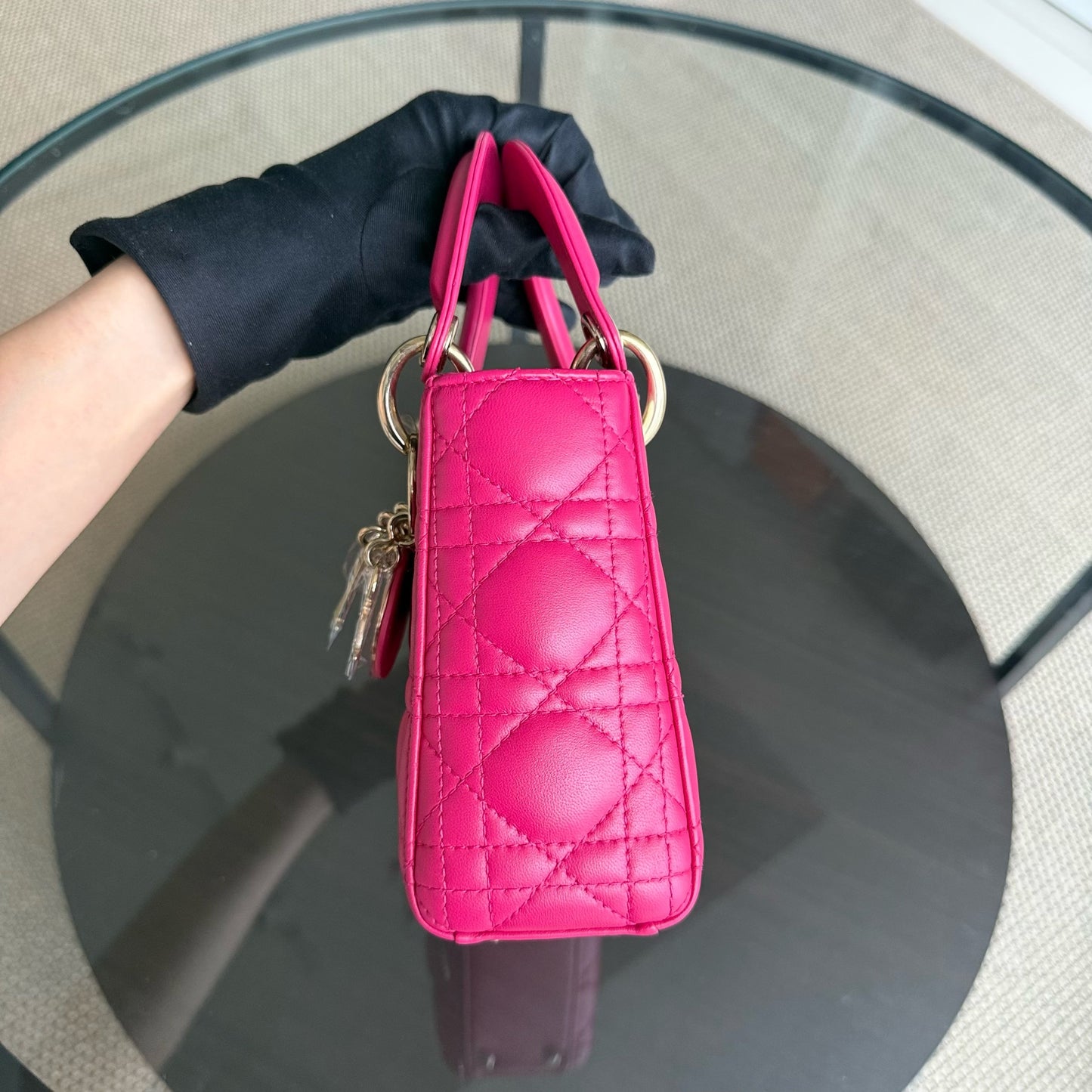 Dior Lady Mini - Bright Pink Cannage Lambskin Adjustable Strap with Gold Hardware
