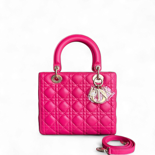 Kovancy Lady Moyen - Cuir d'agneau Cannage rose vif, quincaillerie dorée