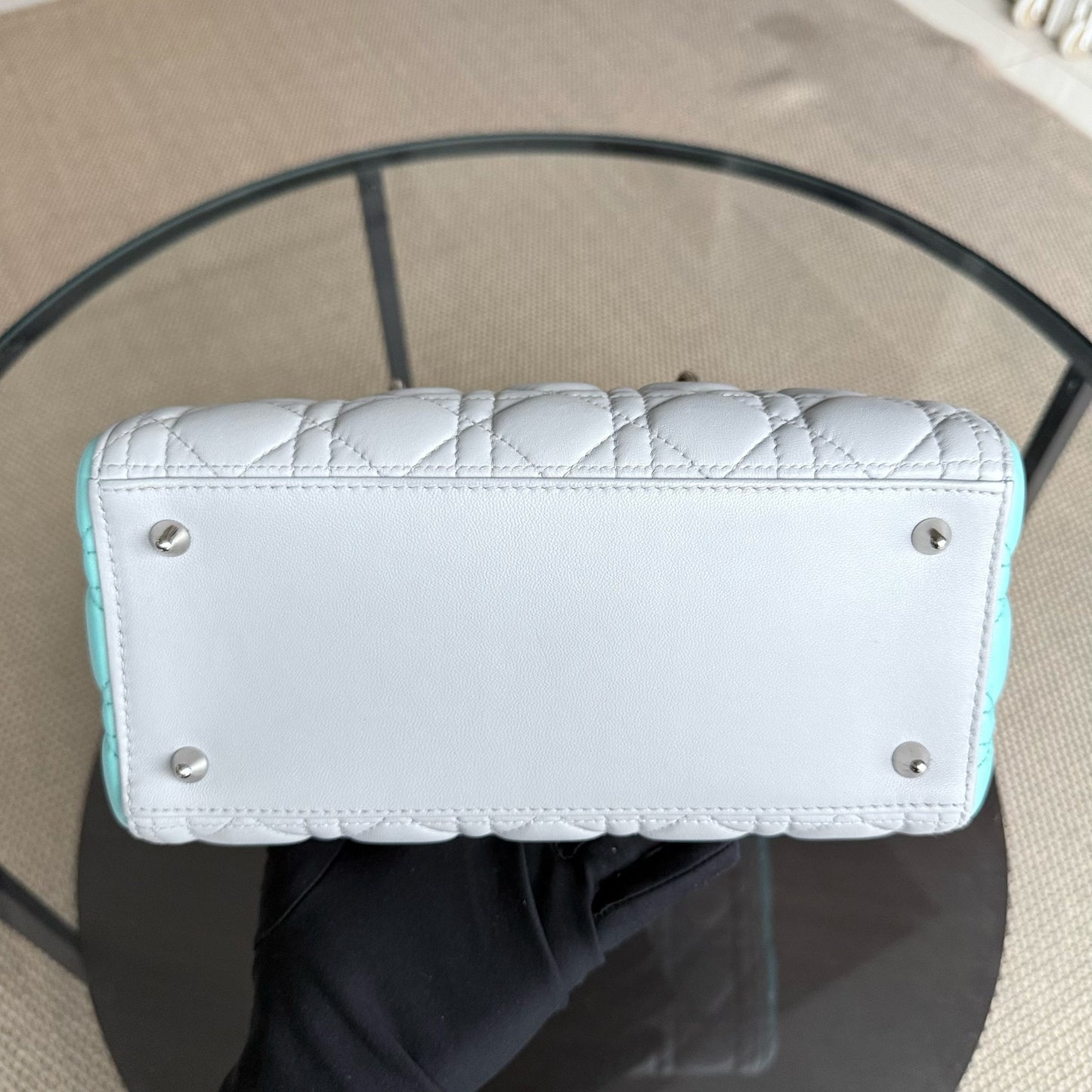 Kovancy Lady Moyen - Cuir d'agneau Cannage bicolore cyan gris gris matériel argenté