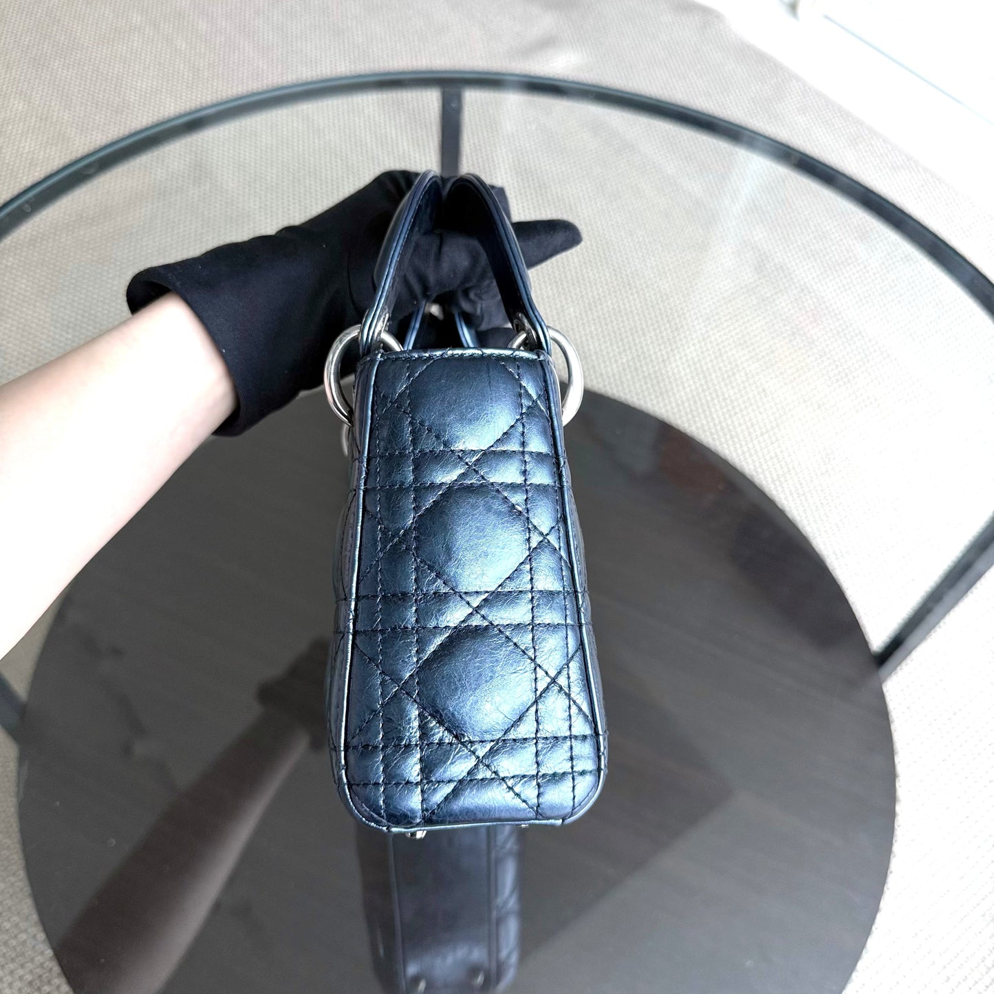 Kovancy Lady Mini - Cuir de veau glacé Cannage bleu métallisé, quincaillerie argentée