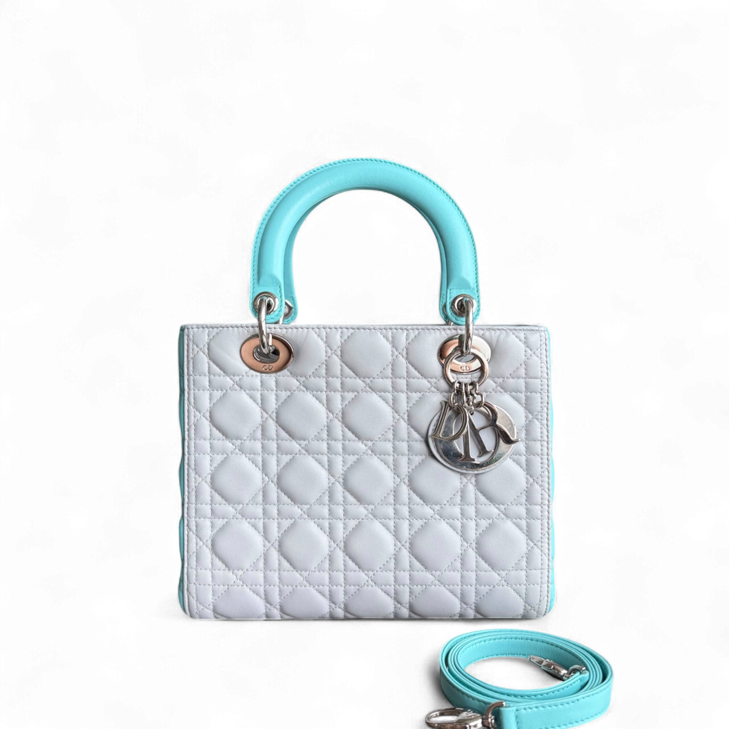 Kovancy Lady Moyen - Cuir d'agneau Cannage bicolore cyan gris gris matériel argenté