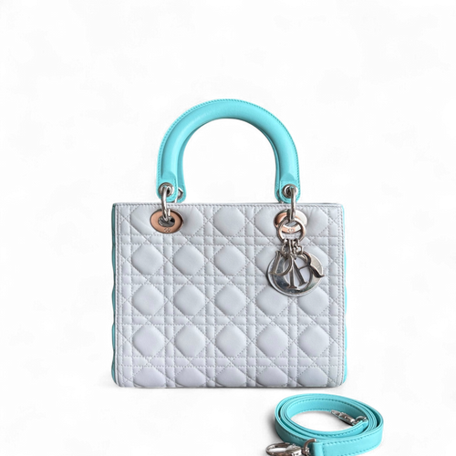 Kovancy Lady Moyen - Cuir d'agneau Cannage bicolore cyan gris gris matériel argenté