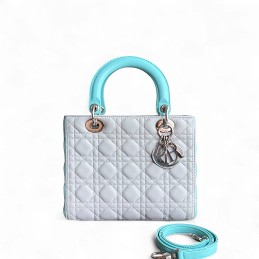 Kovancy Lady Moyen - Cuir d'agneau Cannage bicolore cyan gris gris matériel argenté
