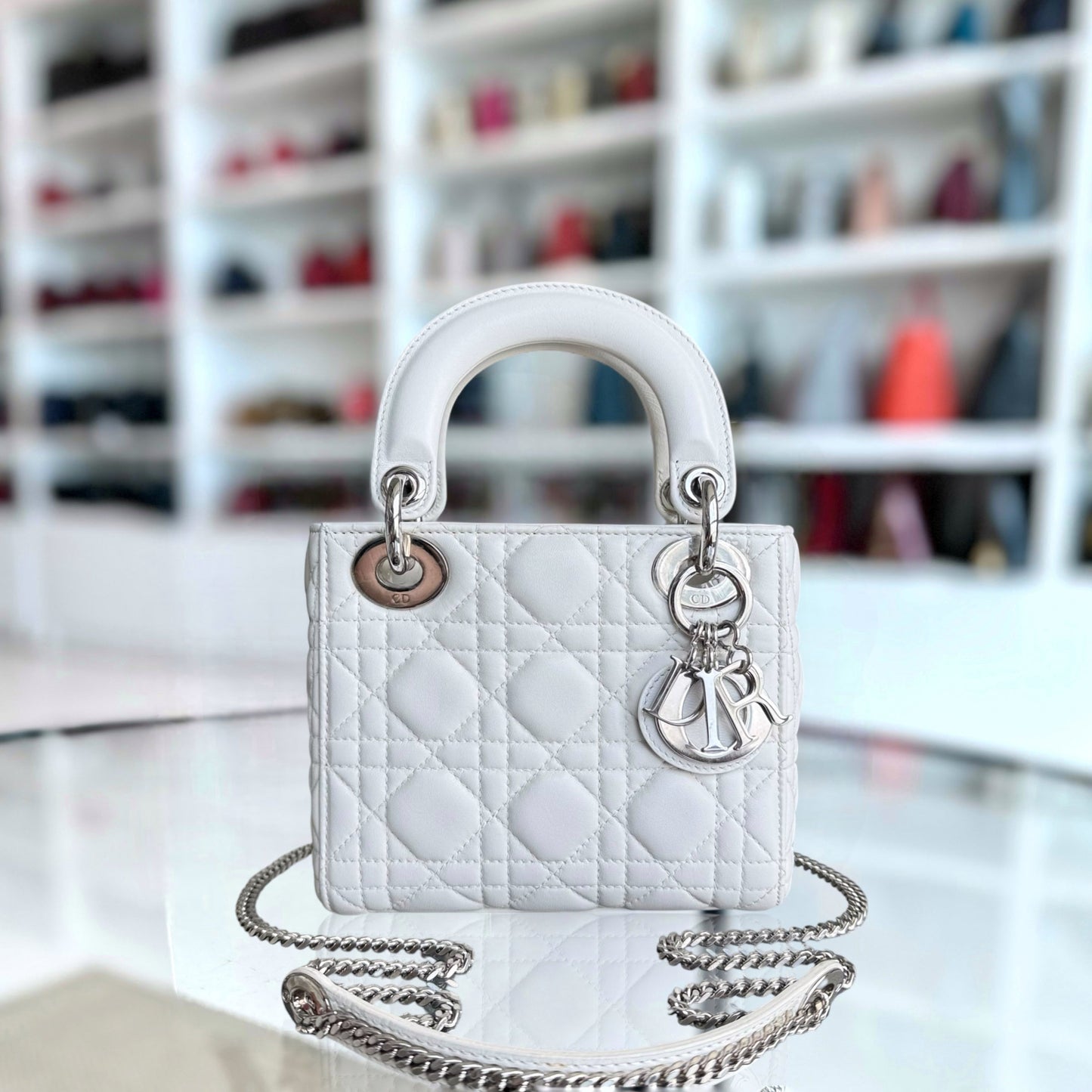 Kovancy Lady Mini - Sangle chaîne en cuir d'agneau Cannage blanc et métal argenté