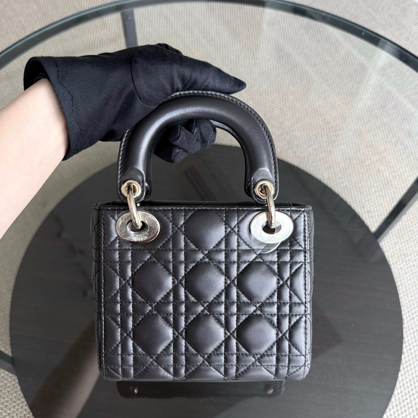DIO Lady Mini - Dark Grey Cannage Lambskin Chain Strap with Gold Hardware