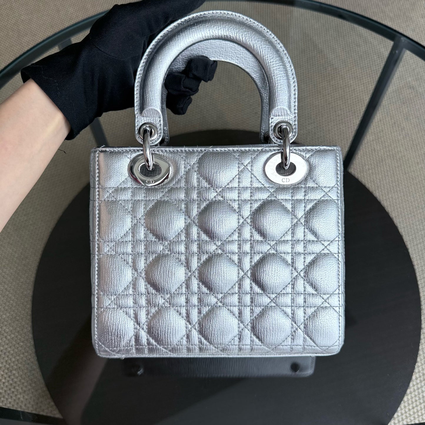 Kovancy Lady Petit - Cuir de veau métallisé Cannage Argent Quincaillerie argentée