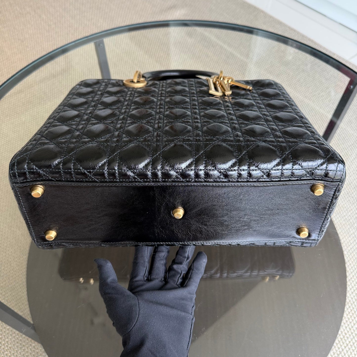 Kovancy Lady Grand Rabat - Cuir de Veau Glacé Cannage Noir Quincaillerie Dorée
