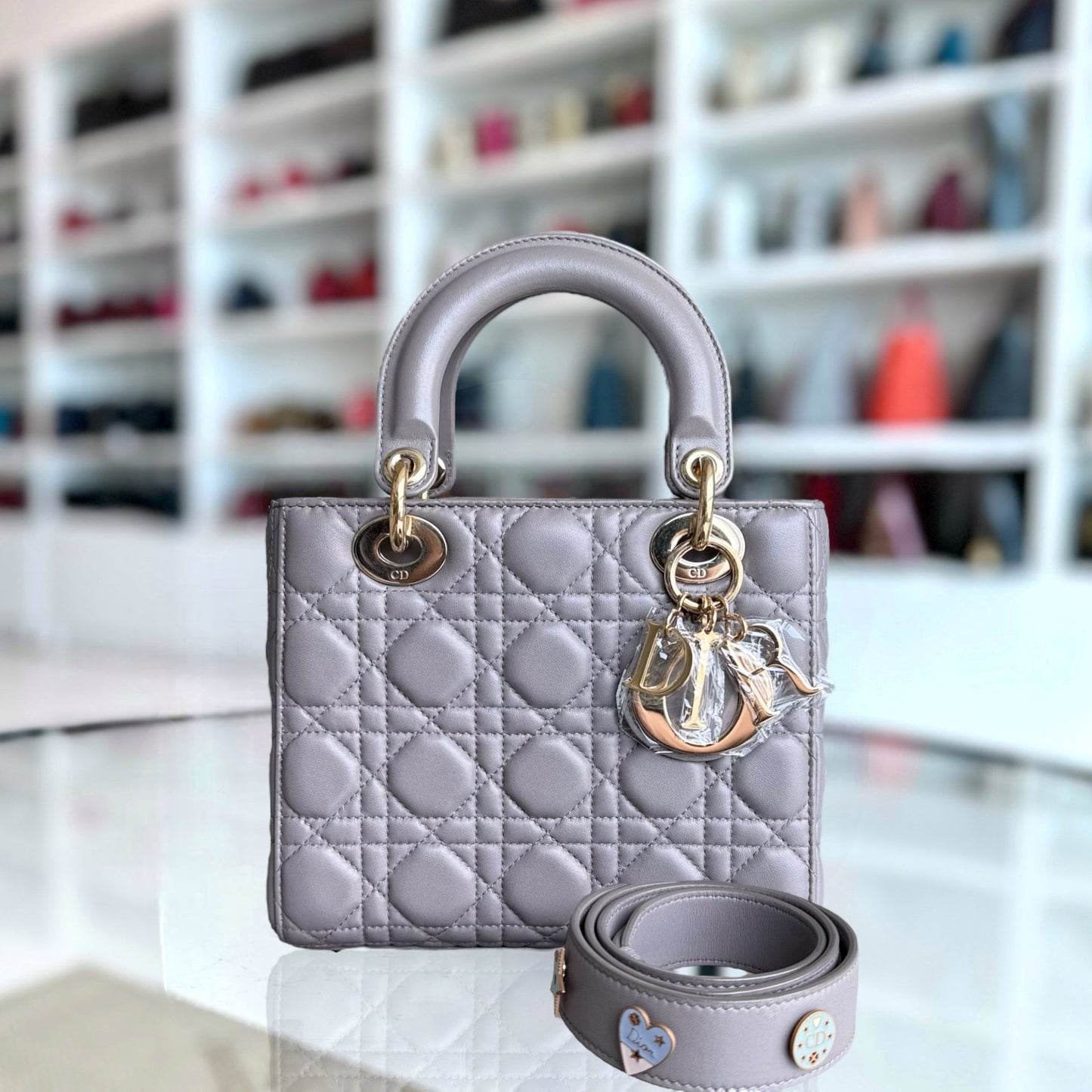 Kovancy Lady Petit - Cuir d'agneau Cannage Gris Gris Quincaillerie dorée