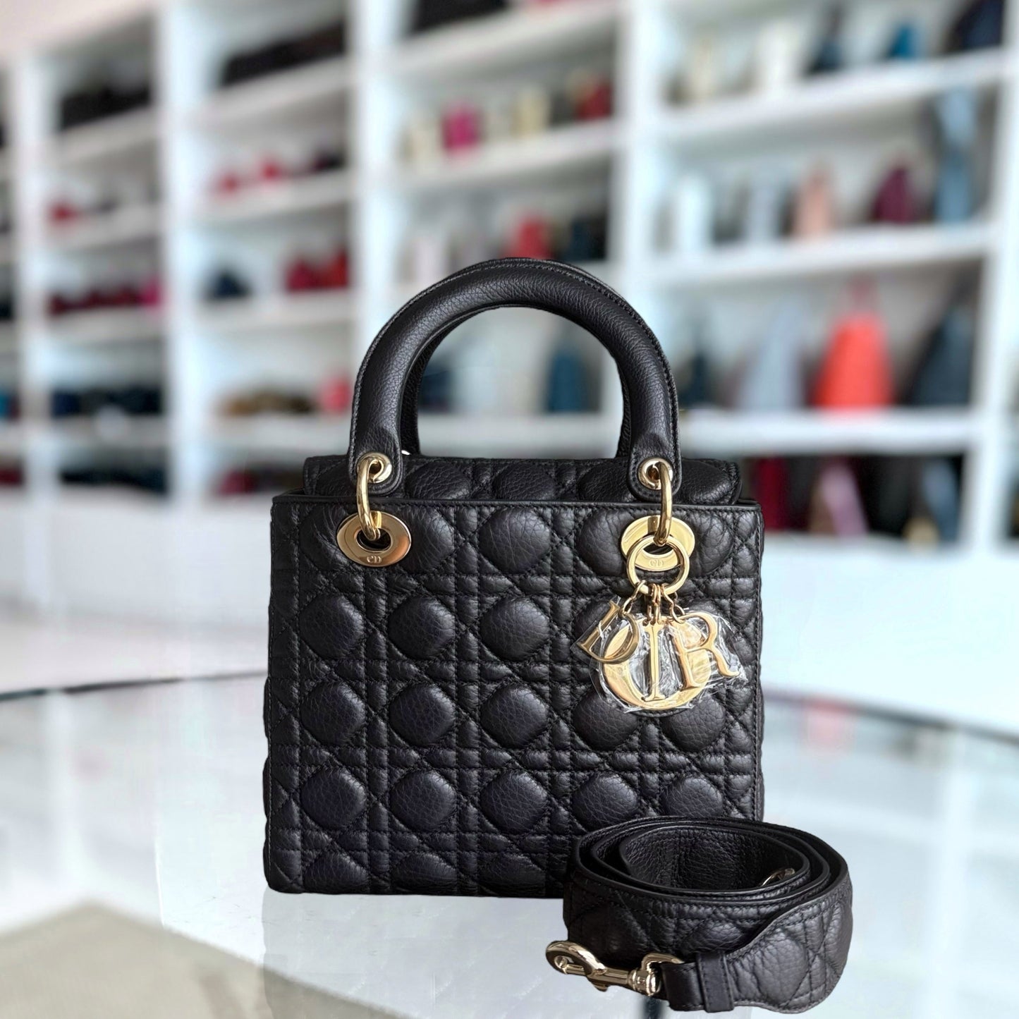 Dior Lady Rabat Medium - Black Cannage Grained Calfskin Gold-tone Hardware