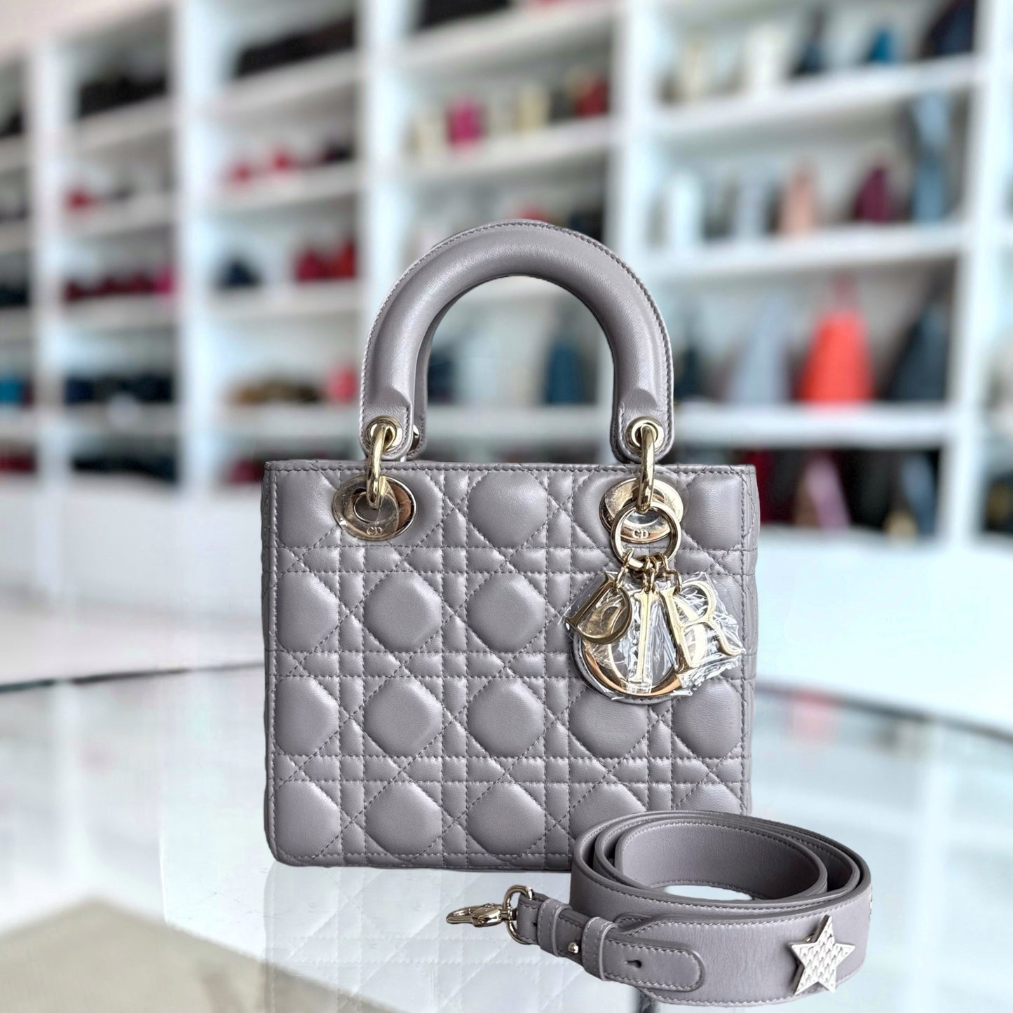 DIO Lady Petit - Gray Cannage Lambskin Gold Hardware