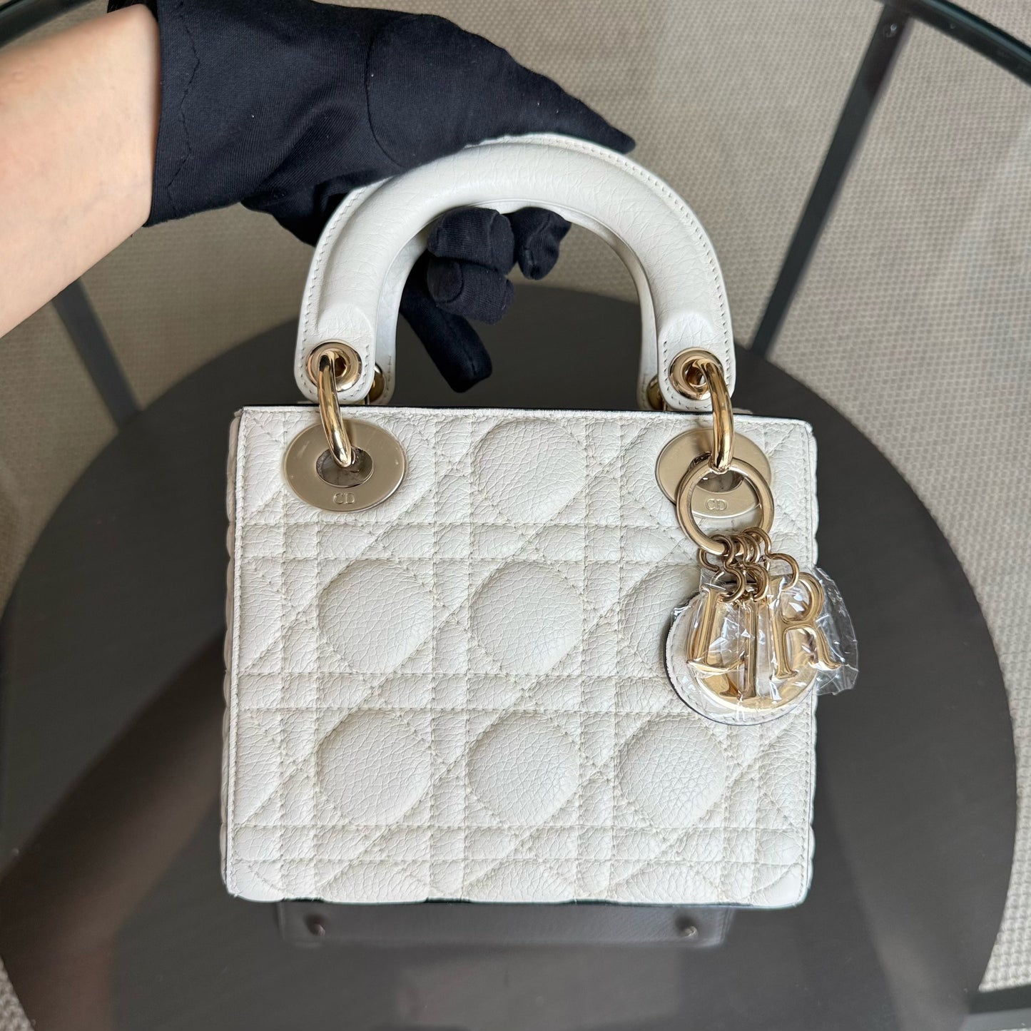 DIO Lady Mini - Cannage Grained Calfskin White gold hardware
