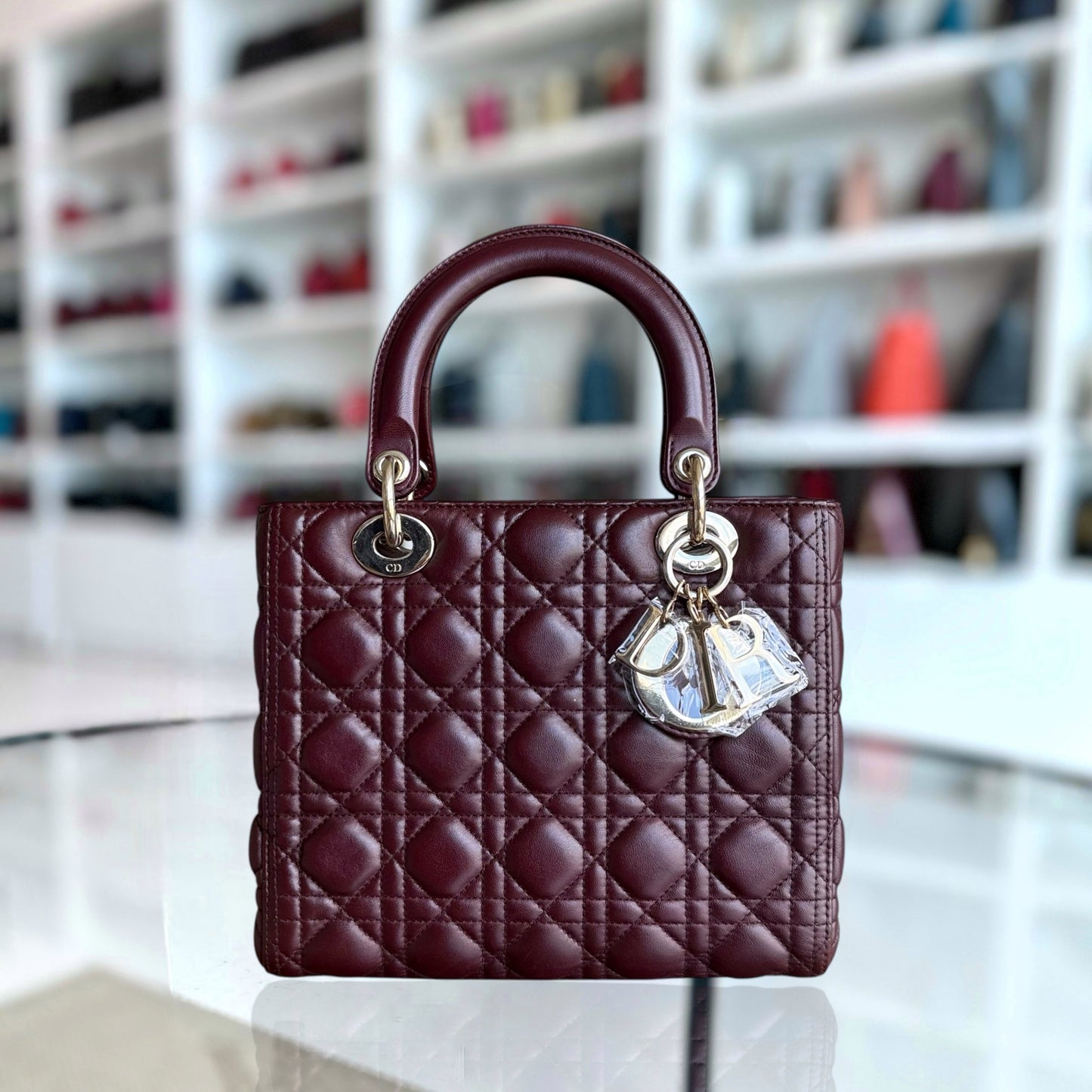 DIO Lady Medium - Dark Red Cannage Lambskin Gold Hardware NO STRAP