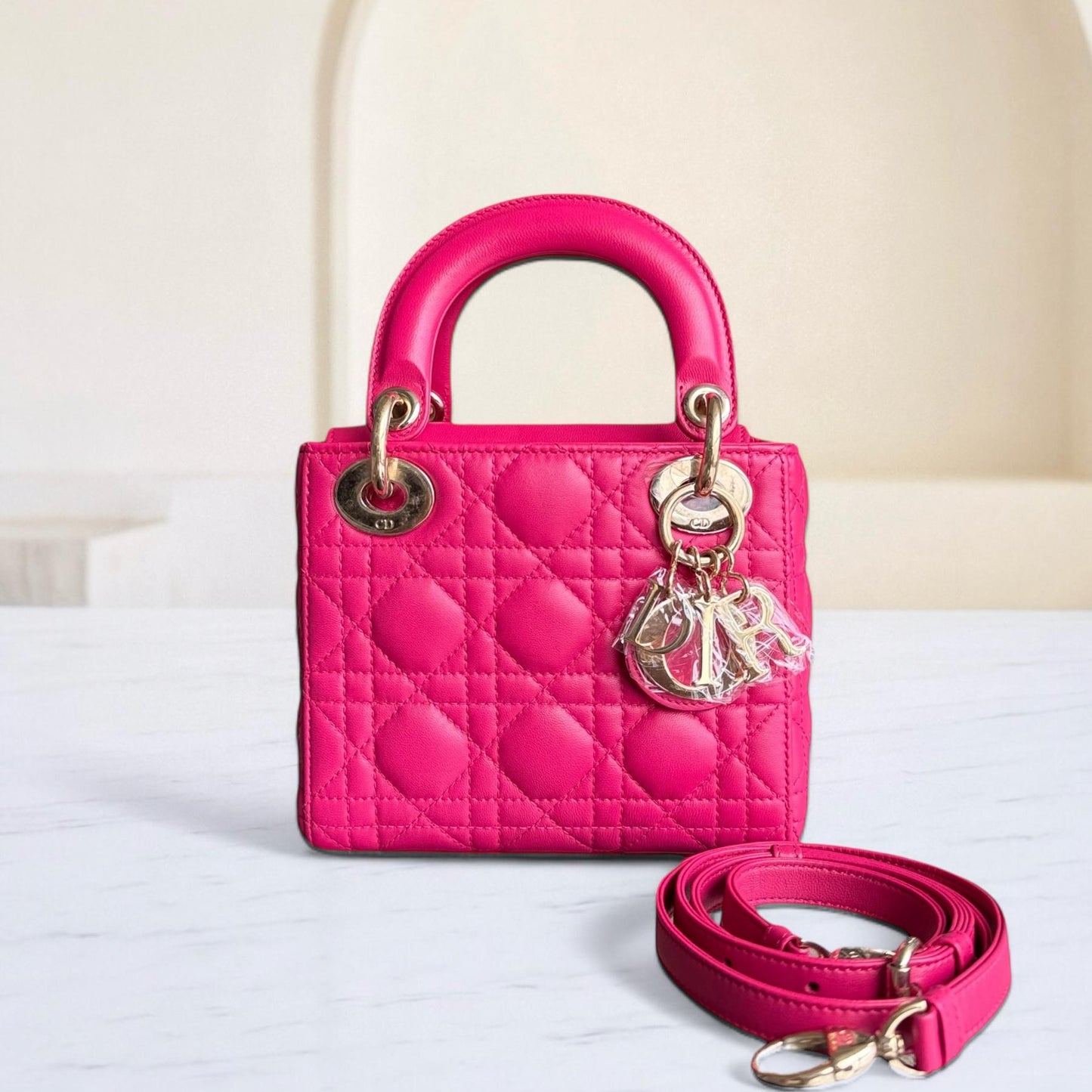 Dior Lady Mini - Bright Pink Cannage Lambskin Adjustable Strap with Gold Hardware