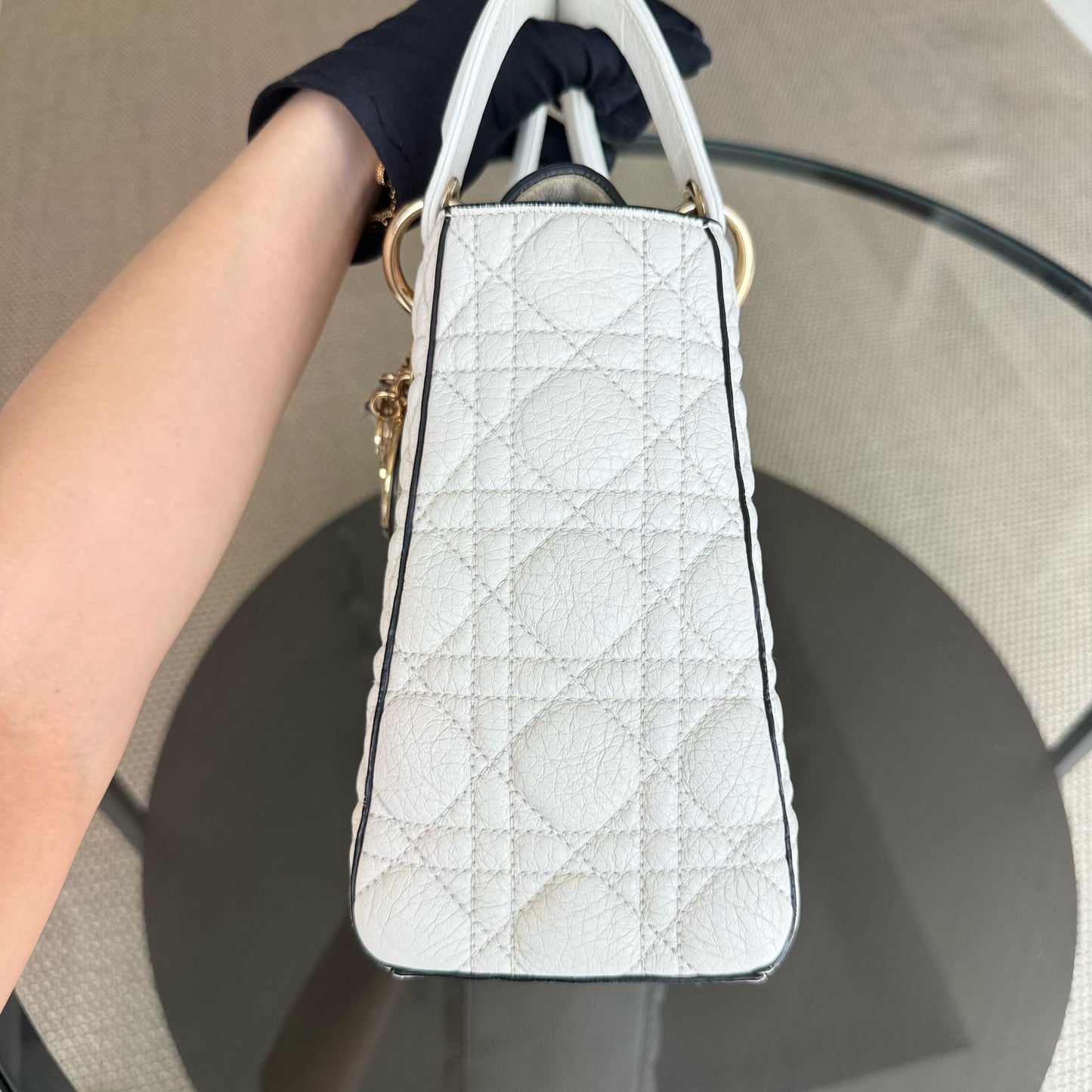 Kovancy Lady Rabat moyen - Cuir de veau Cannage Blanc Quincaillerie en or