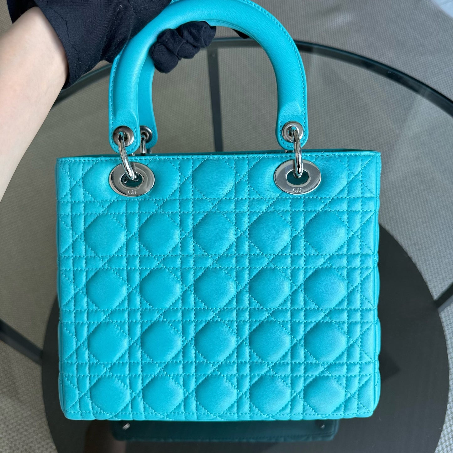 Kovancy Lady Moyen - 25 cm Cannage Agneau Bleu Clair Quincaillerie Argentée