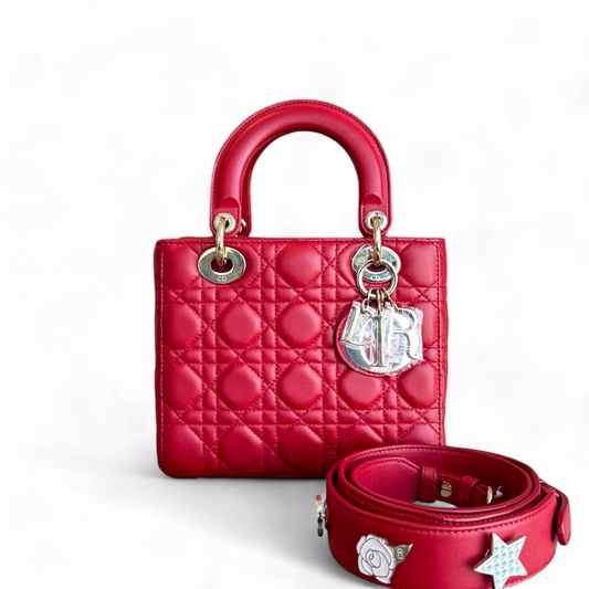 Kovancy Lady Petit rabat - Agneau Cannage, finitions or rouge