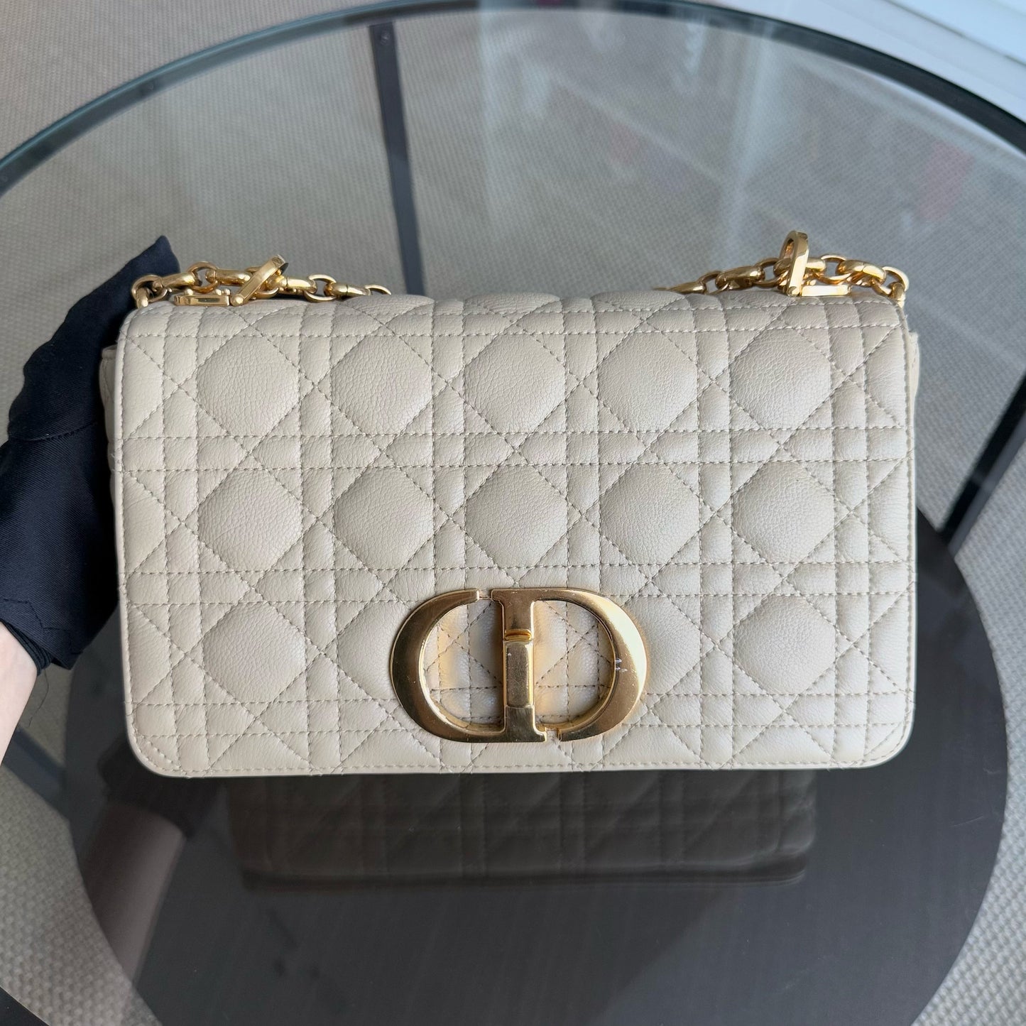 DIO Caro Medium - Beige Cannage Calfskin Gold-tone hardware