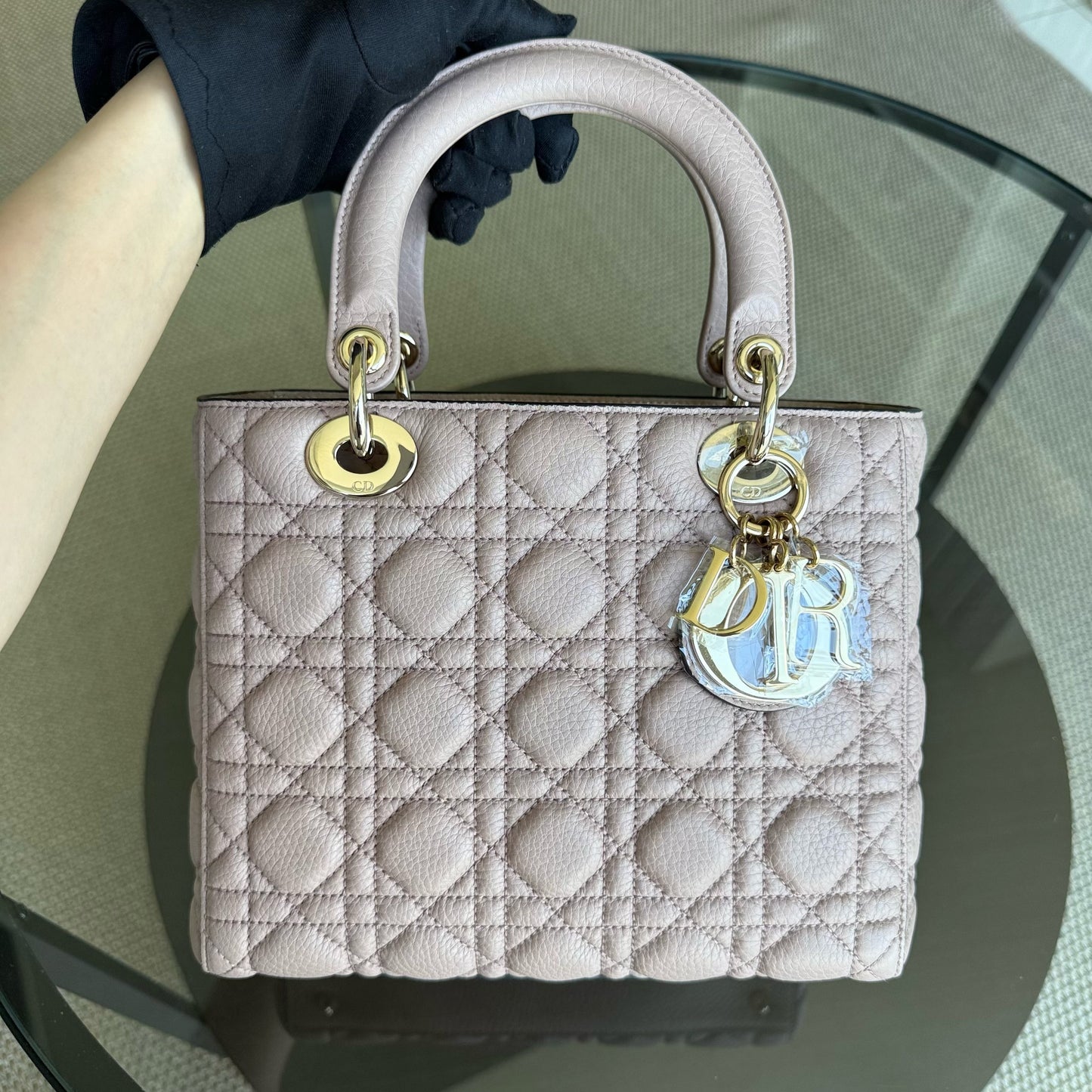 DIOR Lady Dior Medium Bag - Grained Calfskin Cannage Nude Rose Gold-Tone Hardware