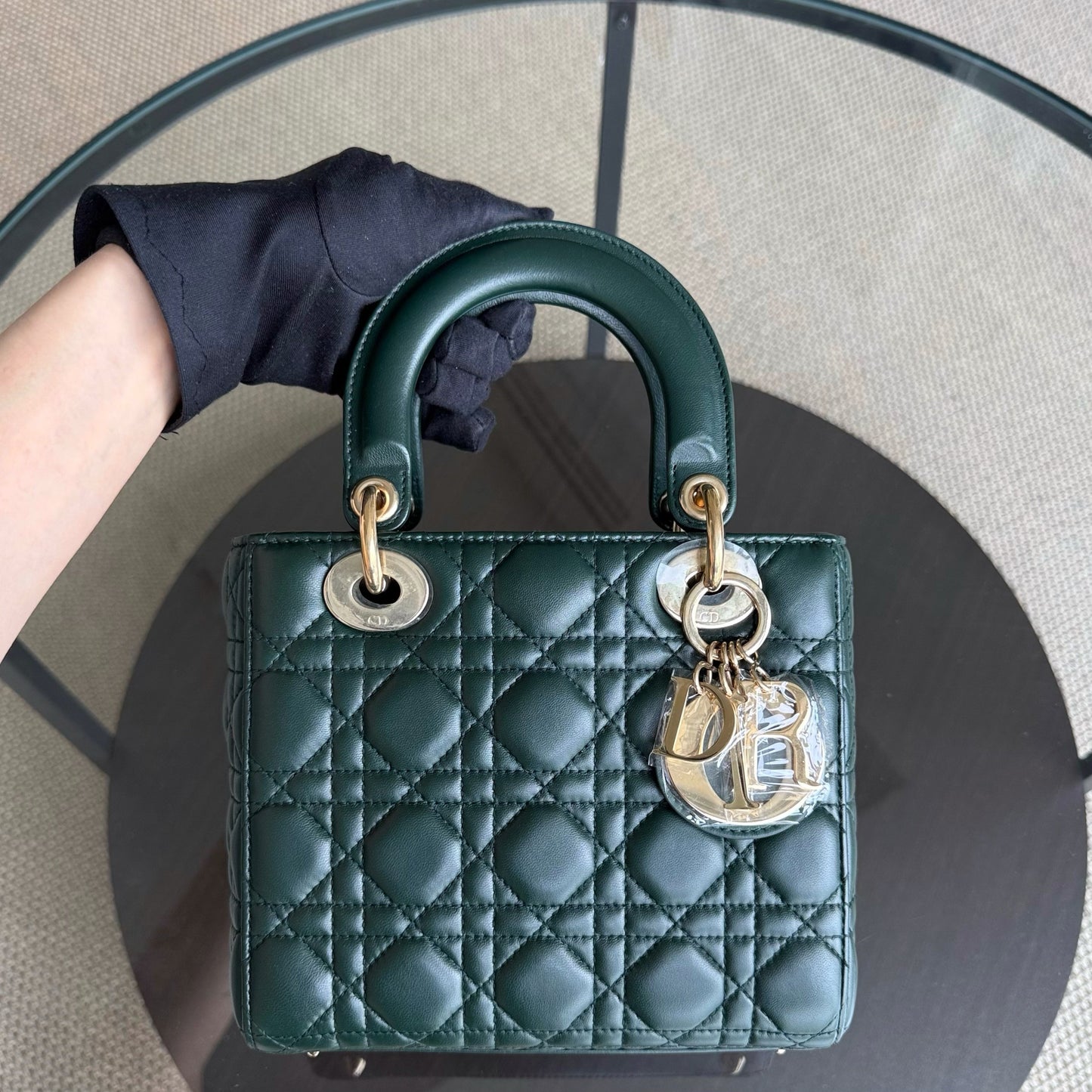 Kovancy Lady Petit ABC - Cuir d'agneau Cannage vert foncé, quincaillerie dorée MyABC