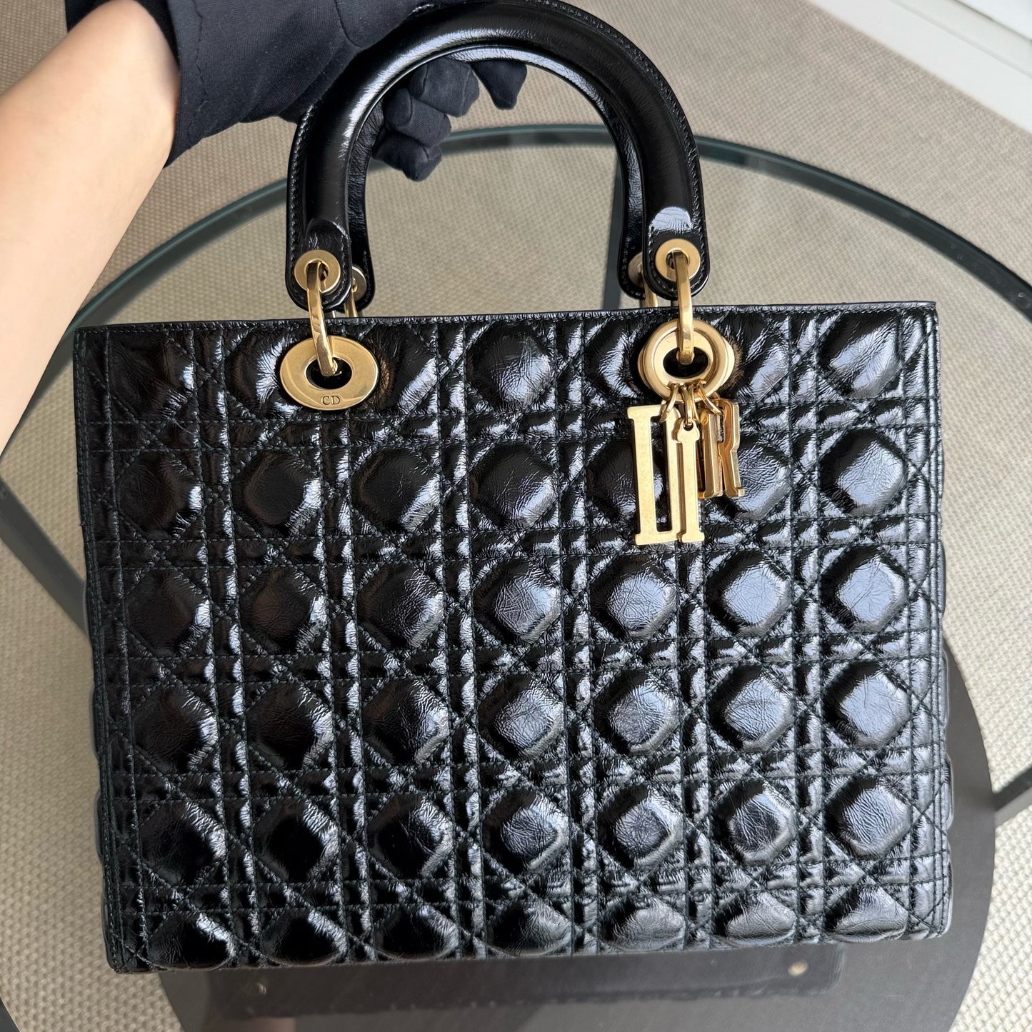DIO Lady Grand Rabat - Canange Glazed Calfskin, Black and Gold Finishes