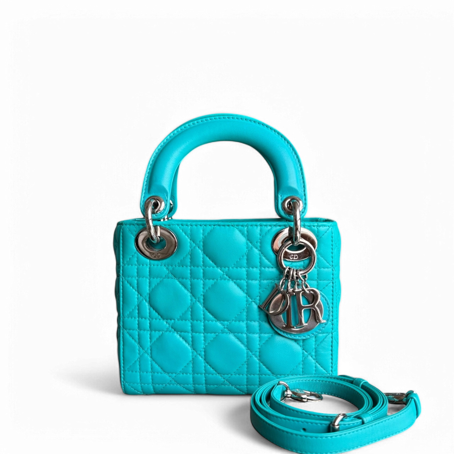 Kovancy Lady Mini - Sangle réglable en cuir d'agneau Cannage bleu cyan et matériel argenté