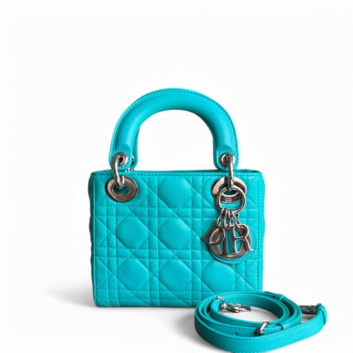 Kovancy Lady Mini - Sangle réglable en cuir d'agneau Cannage bleu cyan et matériel argenté