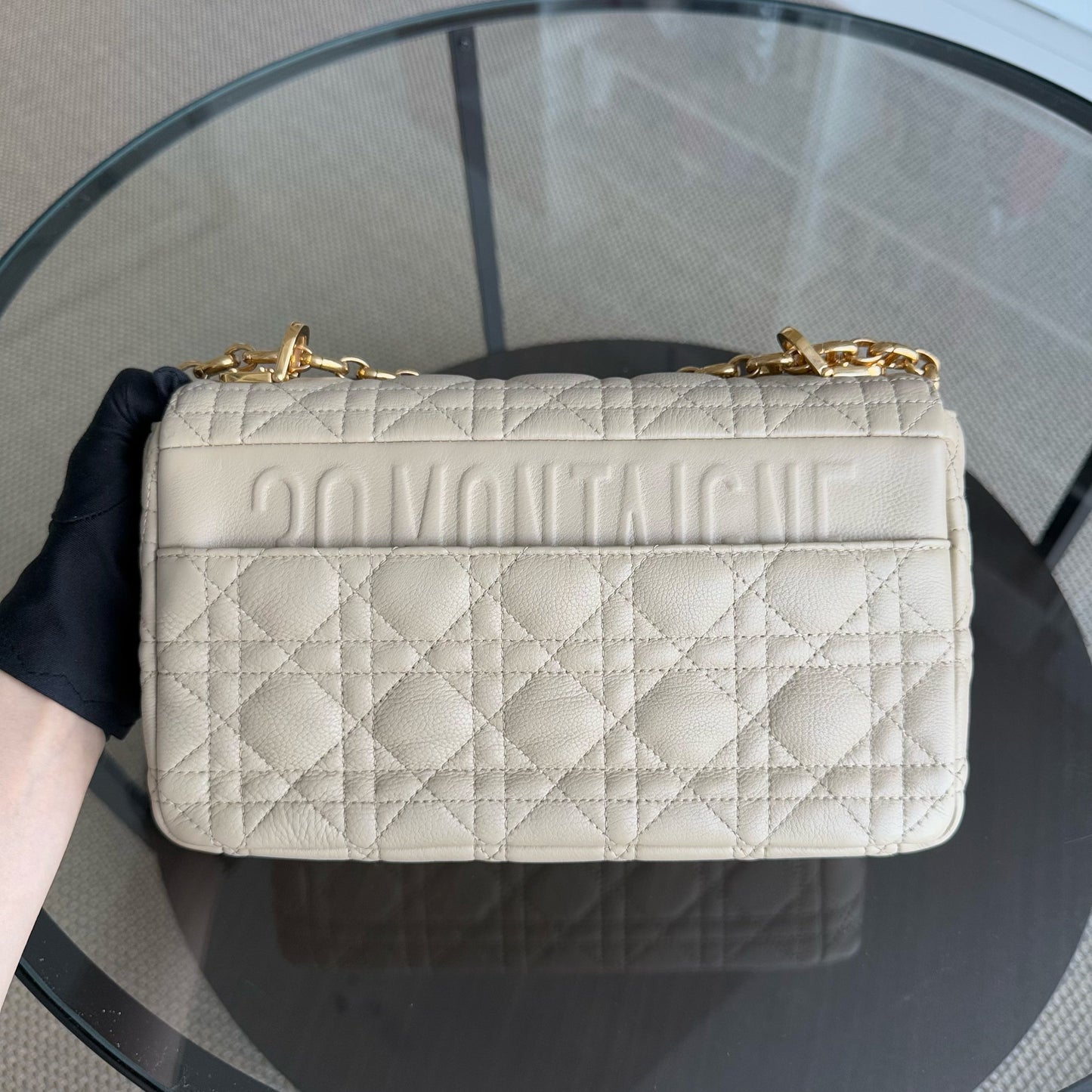 DIO Caro Medium - Beige Cannage Calfskin Gold-tone hardware