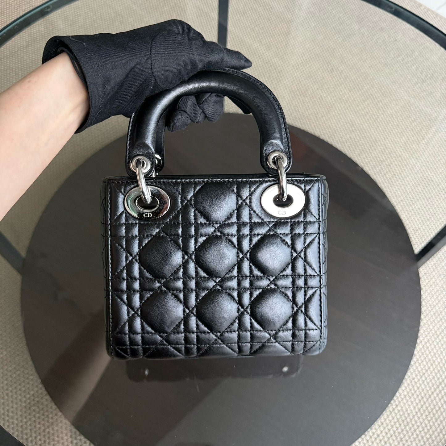 Kovancy Lady Mini - Sangle réglable en cuir d'agneau Cannage noir et argent