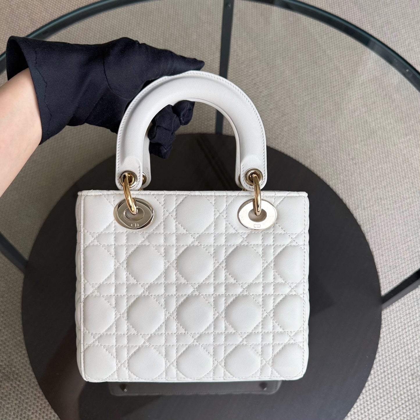 Kovancy Lady Petit - Cuir d'agneau Cannage blanc, quincaillerie dorée