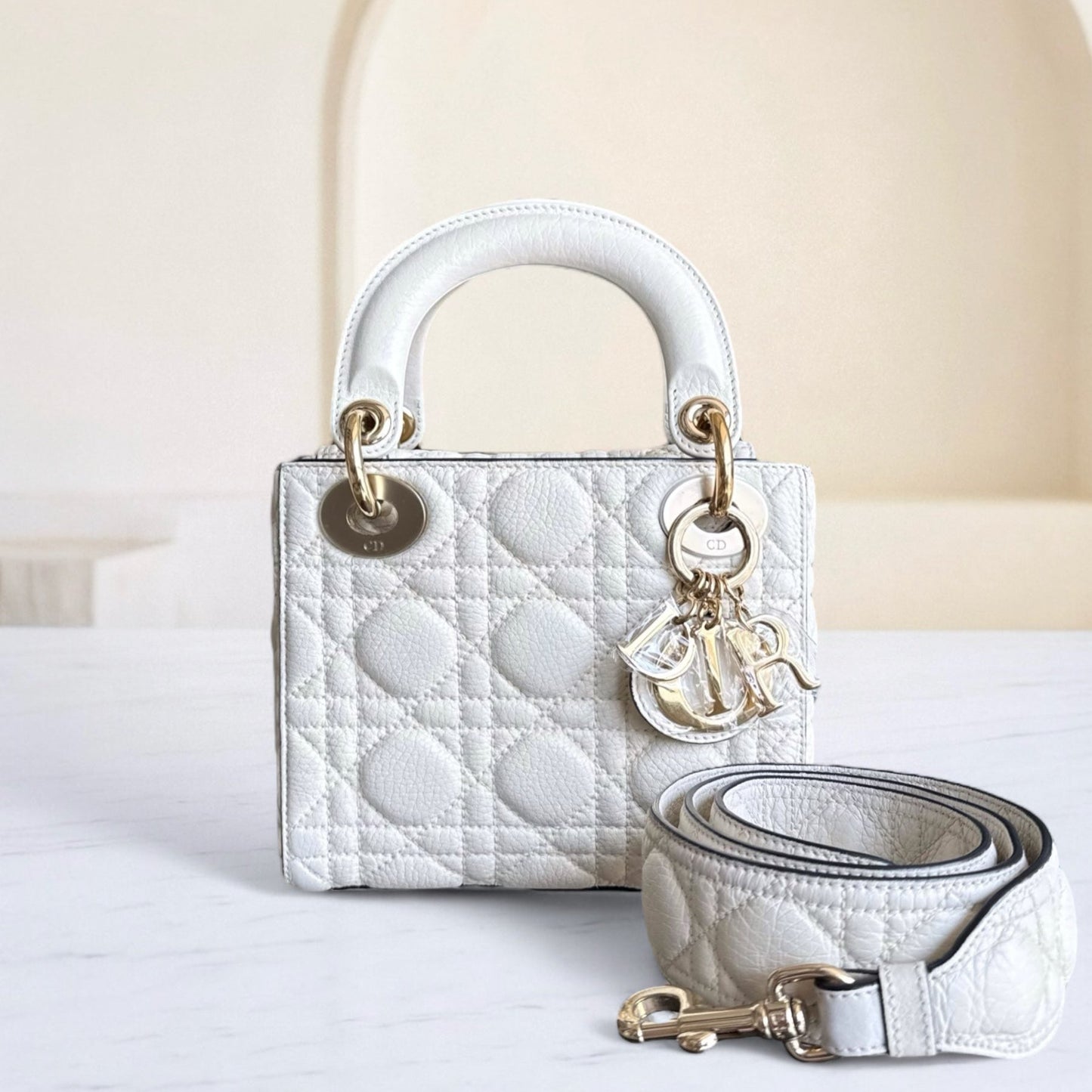 DIO Lady Mini - Cannage Grained Calfskin White gold hardware