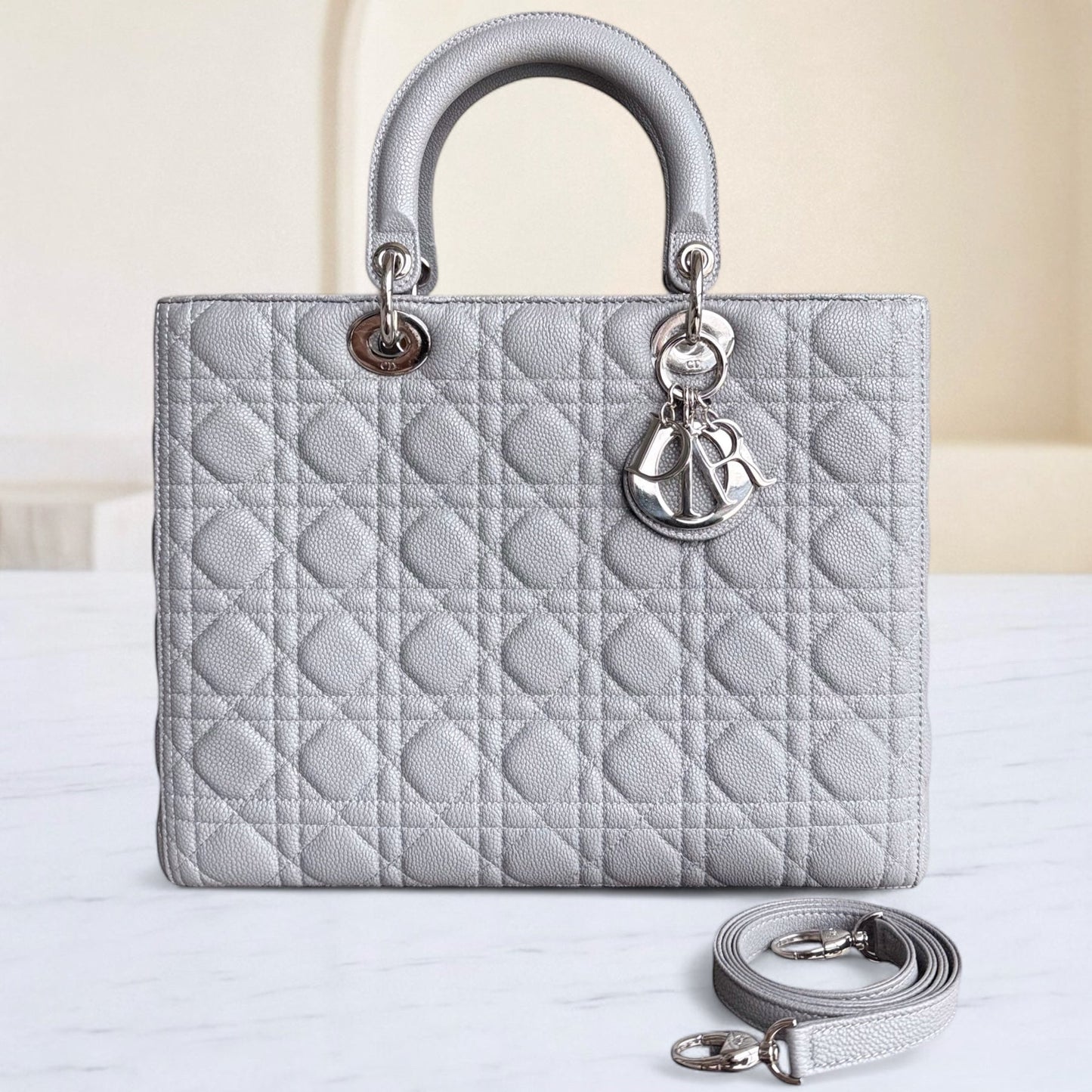 DIO Lady Grand - Gray Caviar Grained Calfskin Cannage Silver-tone hardware