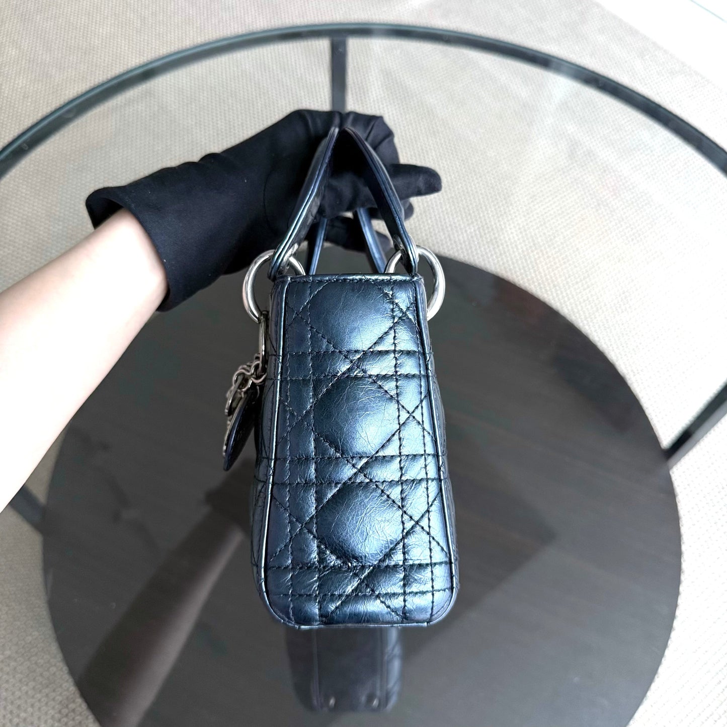 Kovancy Lady Mini - Cuir de veau glacé Cannage bleu métallisé, quincaillerie argentée