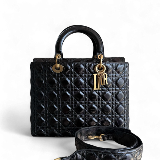 Kovancy Lady Grand rabat - Cuir de veau glacé Canange, finitions noires et dorées