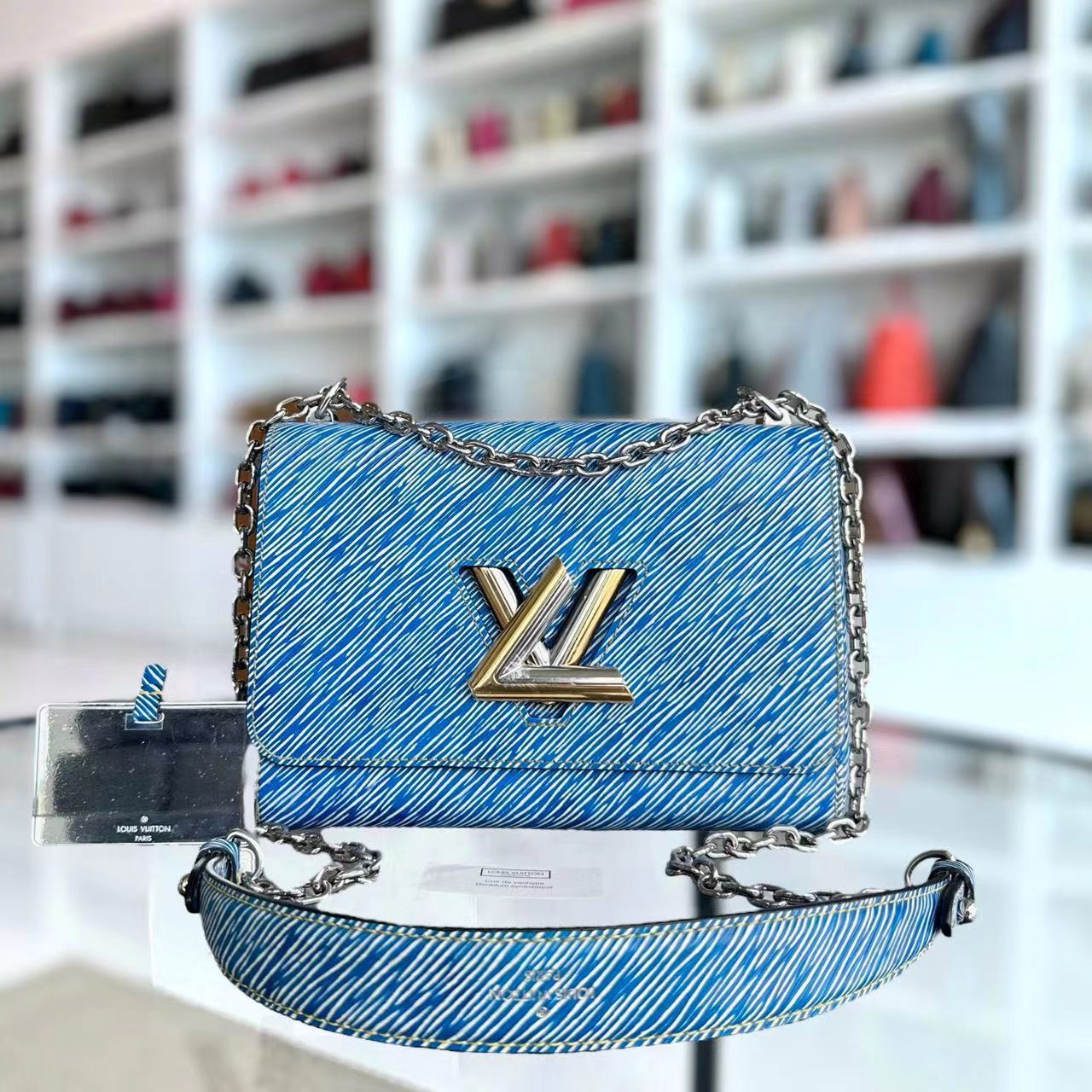 LVT Louis Vuitton Twist MM Light Blue Denim EPI Leather Bicolor Metal
