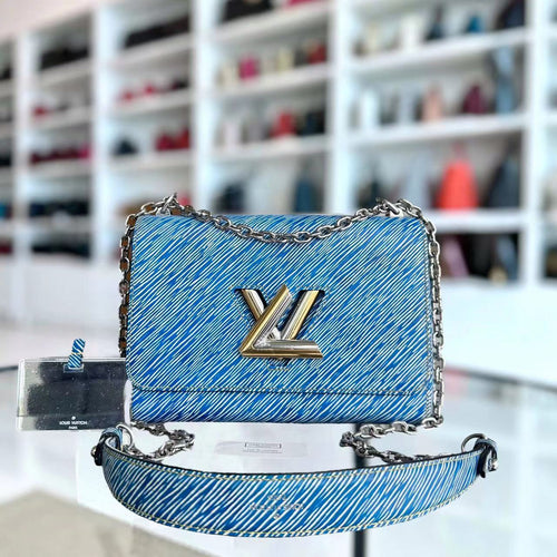 LVT Louis Vuitton Twist MM Light Blue Denim EPI Leather Bicolor Metal