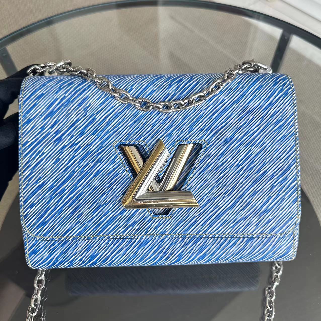 LVT Louis Vuitton Twist MM Light Blue Denim EPI Leather Bicolor Metal