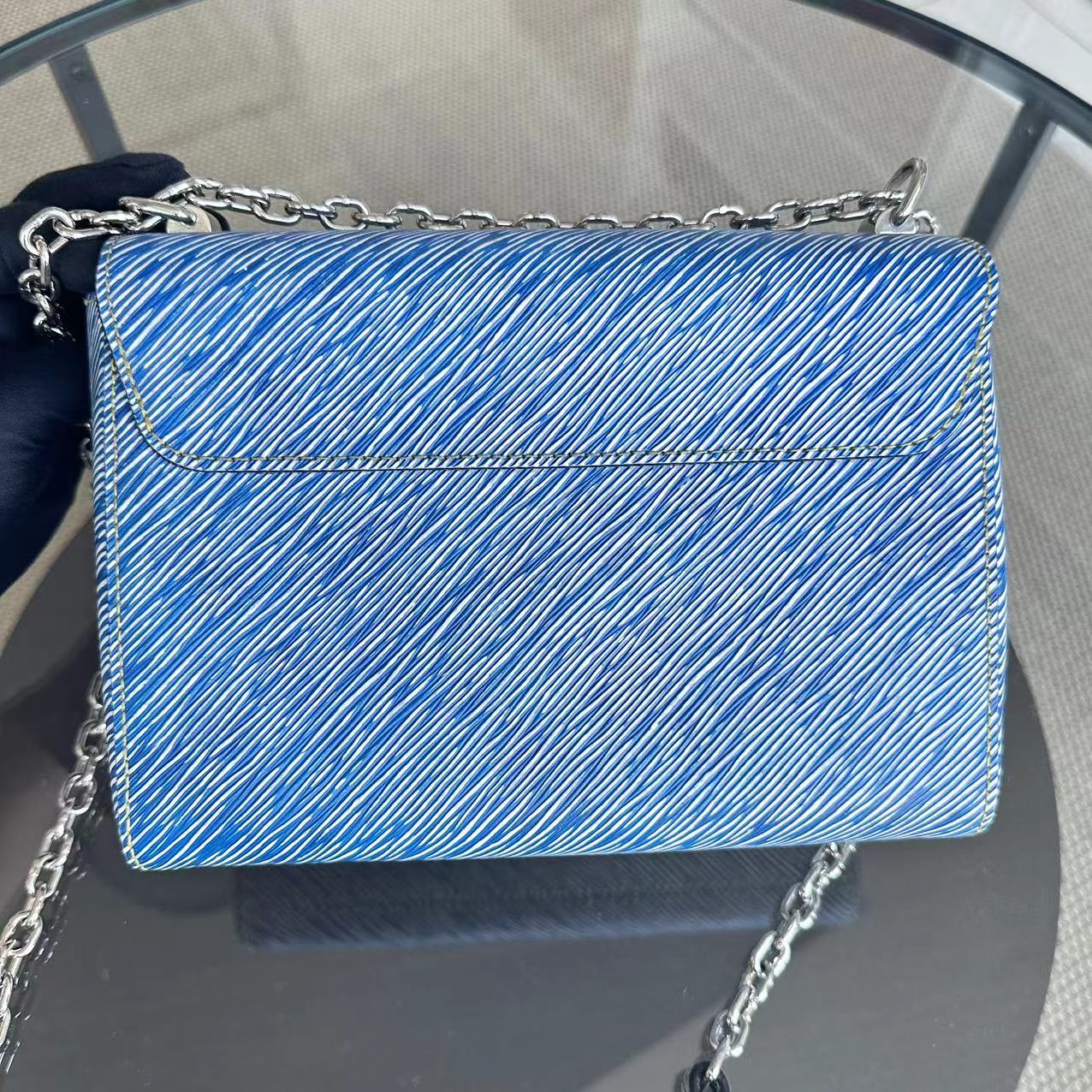 LVT Louis Vuitton Twist MM Light Blue Denim EPI Leather Bicolor Metal